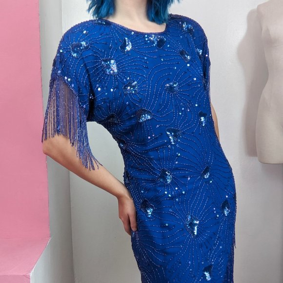Vintage 80s Blue Sequin & Beaded Fringe Party Dress - Picture 5 of 10